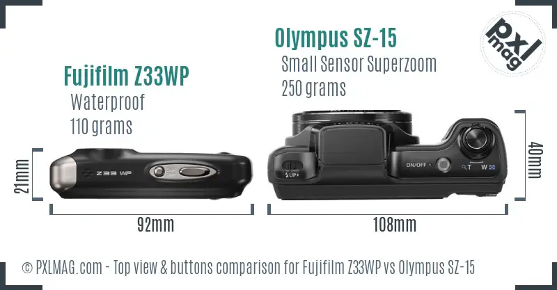 Fujifilm Z33WP vs Olympus SZ-15 top view buttons comparison