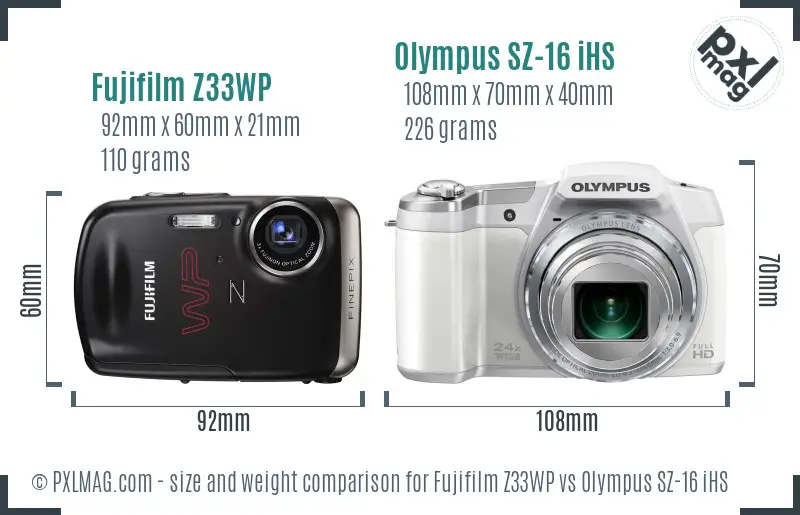 Fujifilm Z33WP vs Olympus SZ-16 iHS size comparison Fujifilm Z33WP vs Olympus SZ-16 iHS size comparison
