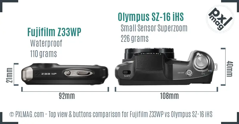Fujifilm Z33WP vs Olympus SZ-16 iHS top view buttons comparison Fujifilm Z33WP vs Olympus SZ-16 iHS top view buttons comparison