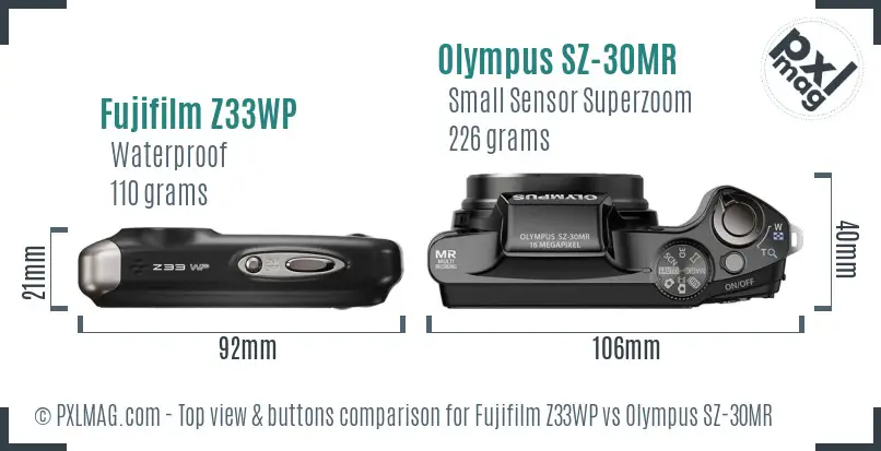 Fujifilm Z33WP vs Olympus SZ-30MR top view buttons comparison