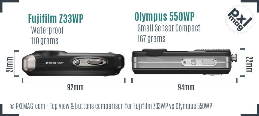Fujifilm Z33WP vs Olympus 550WP top view buttons comparison