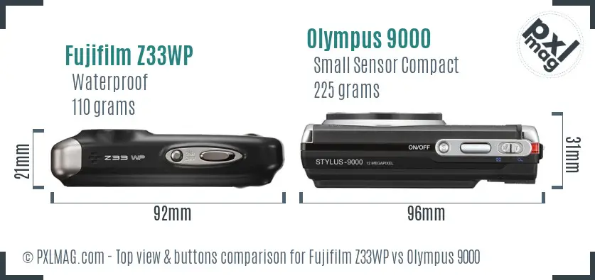 Fujifilm Z33WP vs Olympus 9000 top view buttons comparison