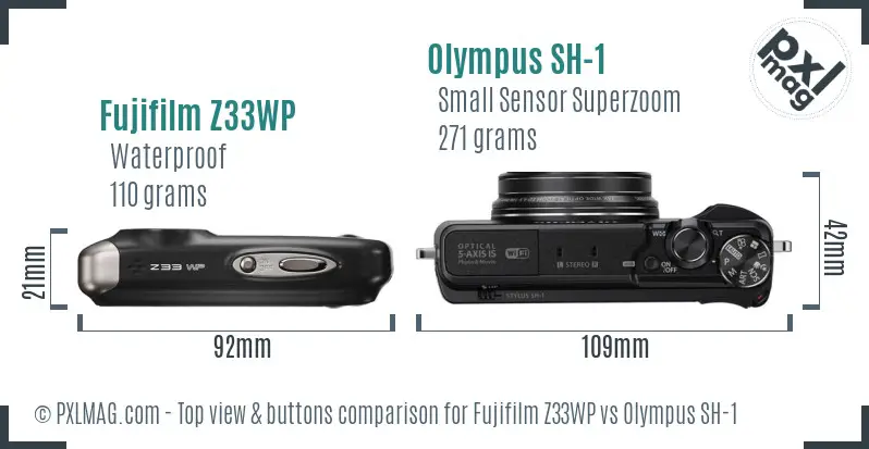 Fujifilm Z33WP vs Olympus SH-1 top view buttons comparison