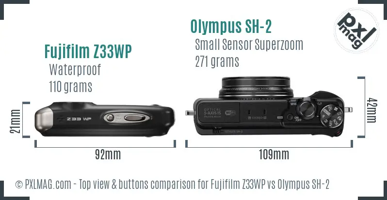 Fujifilm Z33WP vs Olympus SH-2 top view buttons comparison