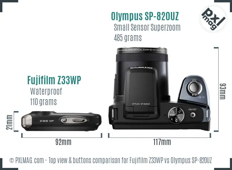 Fujifilm Z33WP vs Olympus SP-820UZ top view buttons comparison