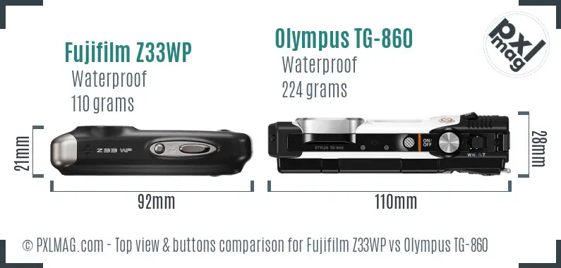 Fujifilm Z33WP vs Olympus TG-860 top view buttons comparison