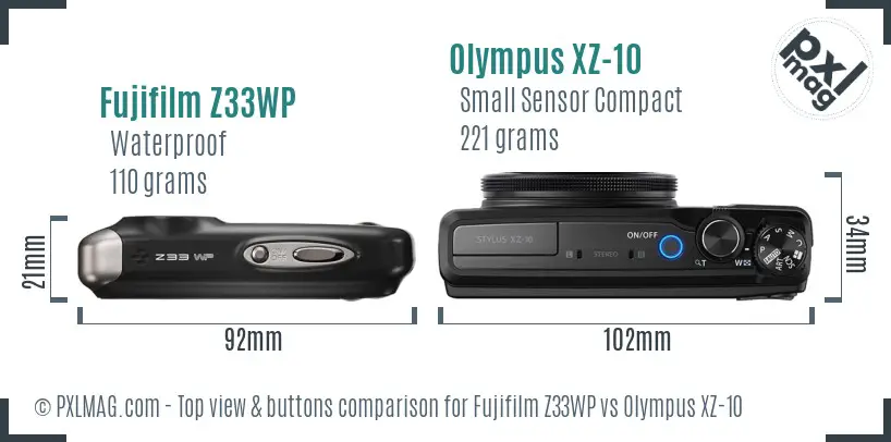 Fujifilm Z33WP vs Olympus XZ-10 top view buttons comparison