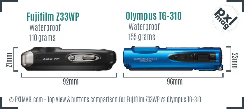 Fujifilm Z33WP vs Olympus TG-310 top view buttons comparison Fujifilm Z33WP vs Olympus TG-310 top view buttons comparison