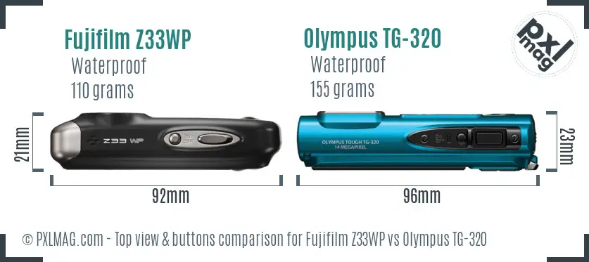 Fujifilm Z33WP vs Olympus TG-320 top view buttons comparison