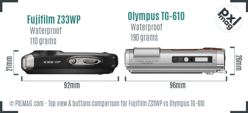 Fujifilm Z33WP vs Olympus TG-610 top view buttons comparison