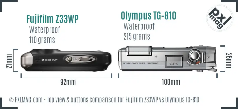 Fujifilm Z33WP vs Olympus TG-810 top view buttons comparison