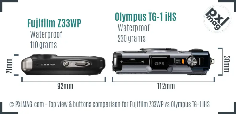 Fujifilm Z33WP vs Olympus TG-1 iHS top view buttons comparison