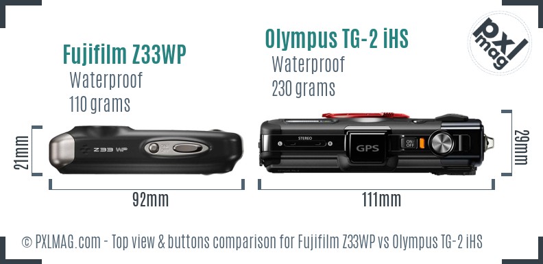 Fujifilm Z33WP vs Olympus TG-2 iHS top view buttons comparison
