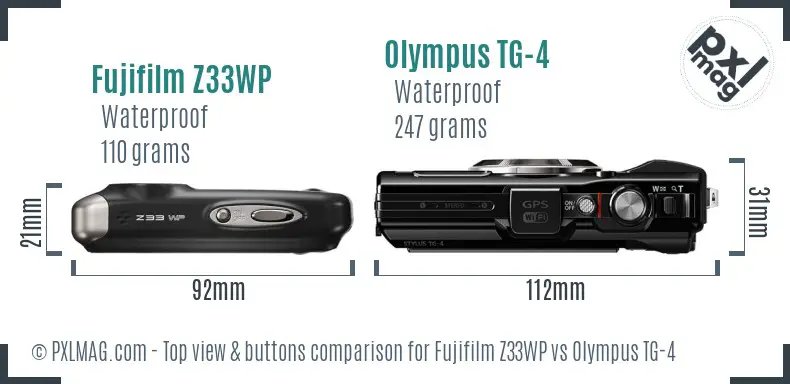 Fujifilm Z33WP vs Olympus TG-4 top view buttons comparison