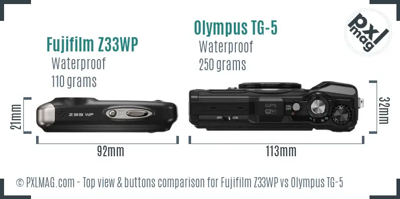 Fujifilm Z33WP vs Olympus TG-5 top view buttons comparison