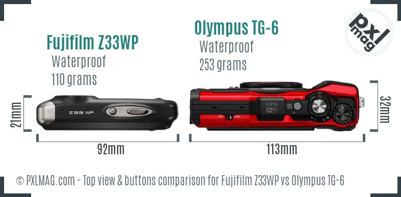 Fujifilm Z33WP vs Olympus TG-6 top view buttons comparison