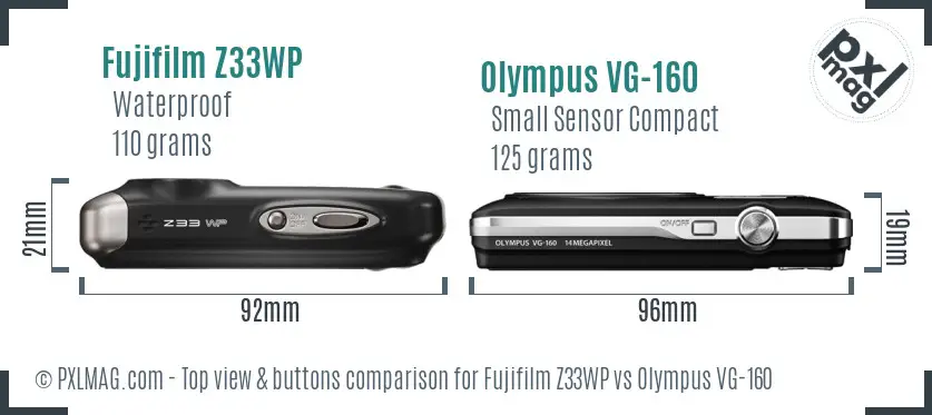 Fujifilm Z33WP vs Olympus VG-160 top view buttons comparison