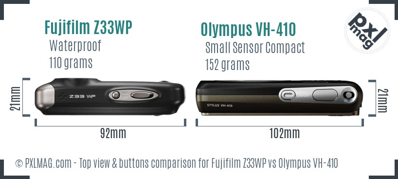 Fujifilm Z33WP vs Olympus VH-410 top view buttons comparison