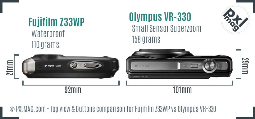 Fujifilm Z33WP vs Olympus VR-330 top view buttons comparison