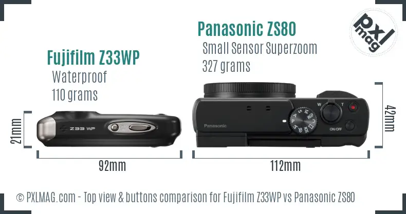 Fujifilm Z33WP vs Panasonic ZS80 top view buttons comparison Fujifilm Z33WP vs Panasonic ZS80 top view buttons comparison