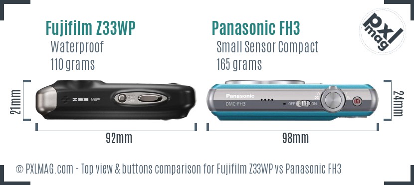 Fujifilm Z33WP vs Panasonic FH3 top view buttons comparison