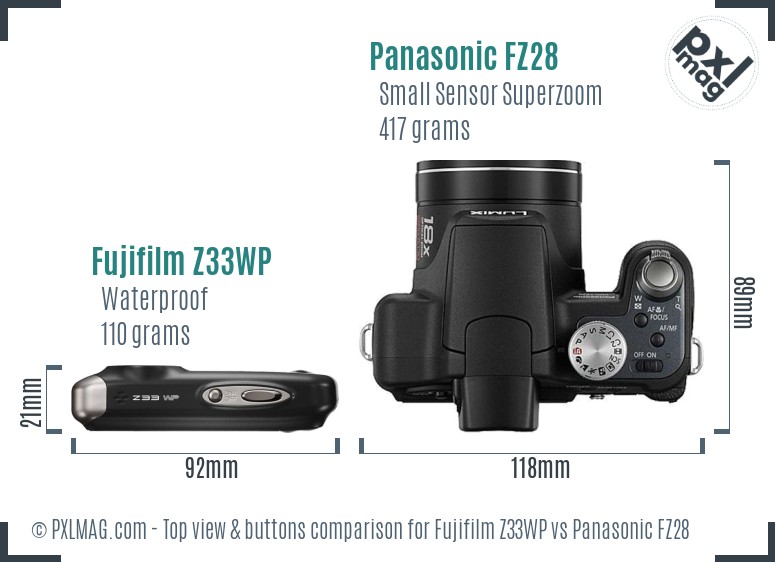 Fujifilm Z33WP vs Panasonic FZ28 top view buttons comparison