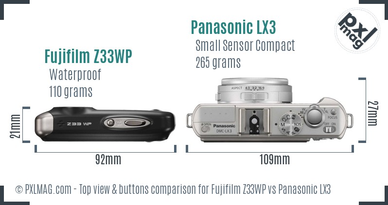 Fujifilm Z33WP vs Panasonic LX3 top view buttons comparison