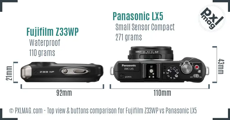 Fujifilm Z33WP vs Panasonic LX5 top view buttons comparison Fujifilm Z33WP vs Panasonic LX5 top view buttons comparison