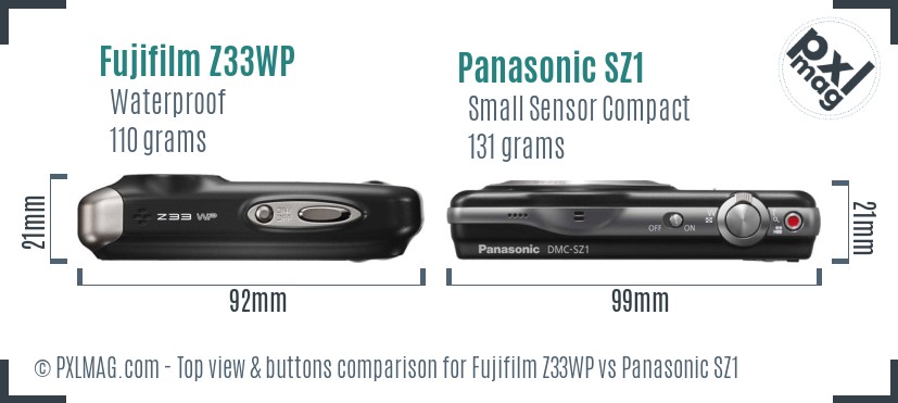 Fujifilm Z33WP vs Panasonic SZ1 top view buttons comparison