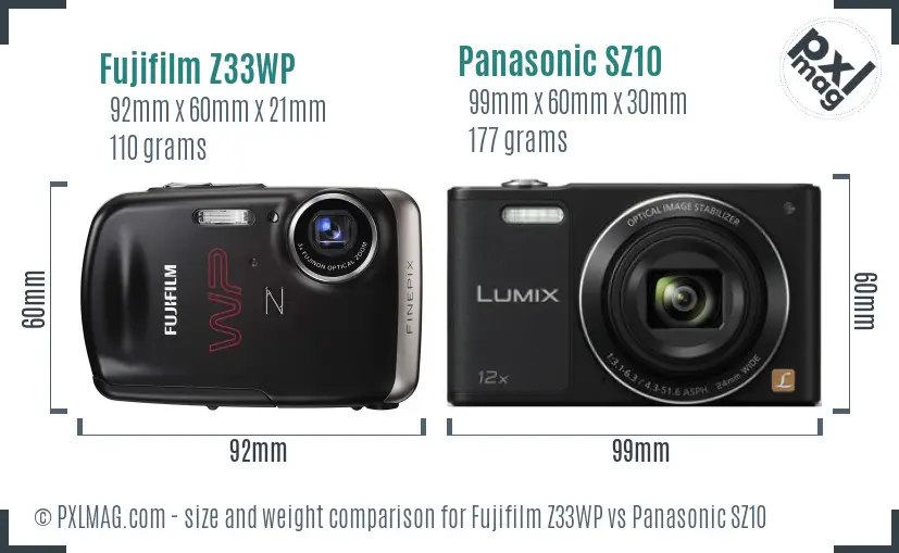Fujifilm Z33WP vs Panasonic SZ10 size comparison