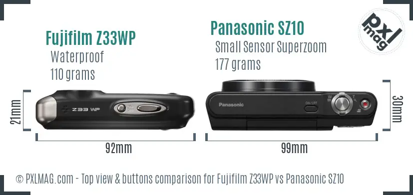 Fujifilm Z33WP vs Panasonic SZ10 top view buttons comparison