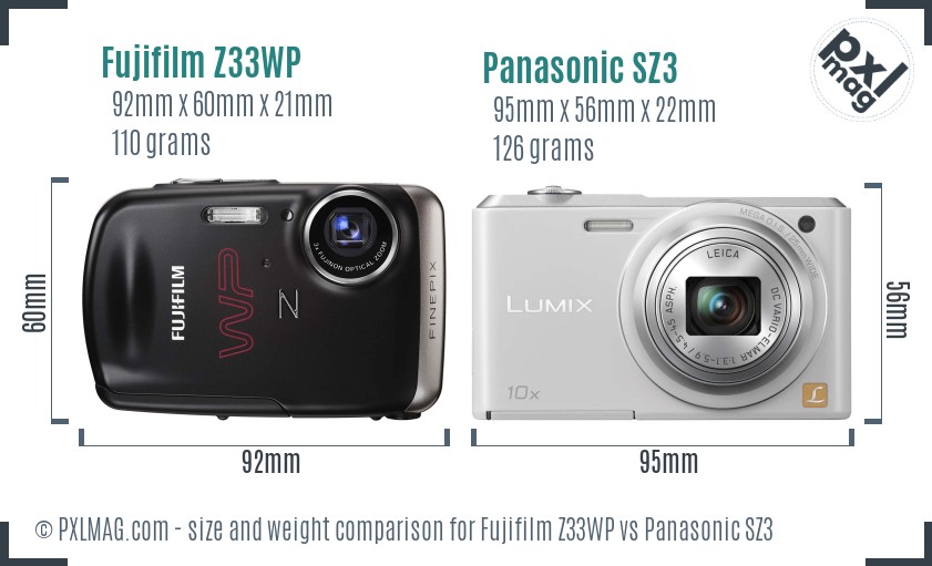 Fujifilm Z33WP vs Panasonic SZ3 size comparison