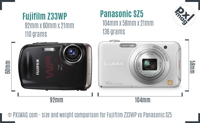 Fujifilm Z33WP vs Panasonic SZ5 size comparison