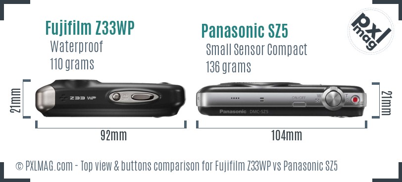 Fujifilm Z33WP vs Panasonic SZ5 top view buttons comparison
