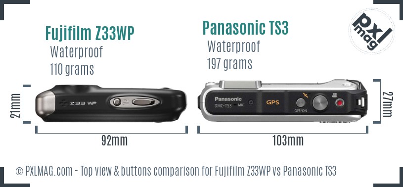 Fujifilm Z33WP vs Panasonic TS3 top view buttons comparison
