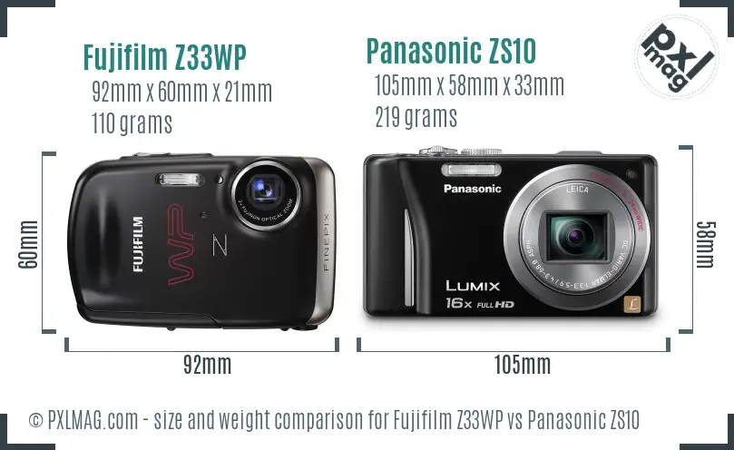 Fujifilm Z33WP vs Panasonic ZS10 size comparison