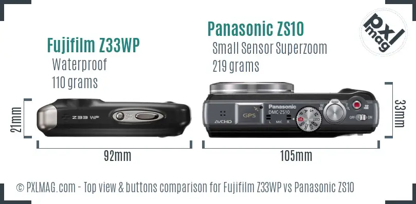 Fujifilm Z33WP vs Panasonic ZS10 top view buttons comparison