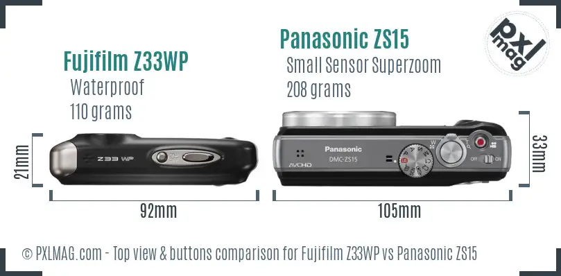 Fujifilm Z33WP vs Panasonic ZS15 top view buttons comparison Fujifilm Z33WP vs Panasonic ZS15 top view buttons comparison