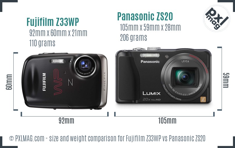 Fujifilm Z33WP vs Panasonic ZS20 size comparison