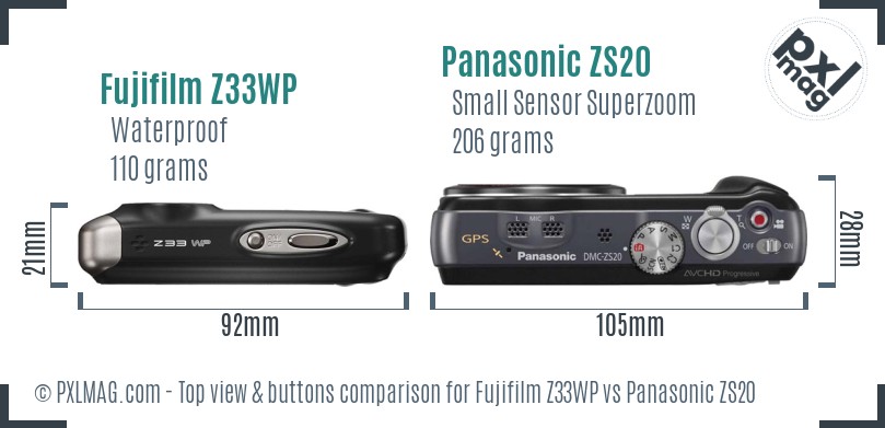Fujifilm Z33WP vs Panasonic ZS20 top view buttons comparison