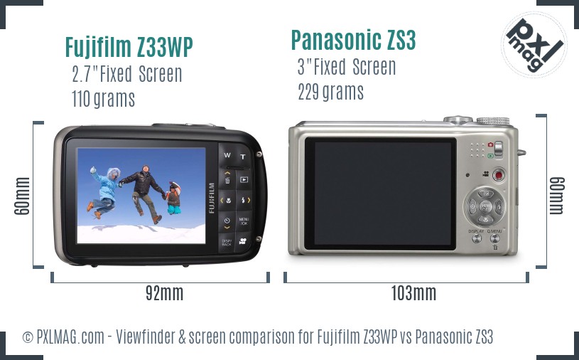Fujifilm Z33WP vs Panasonic ZS3 Screen and Viewfinder comparison