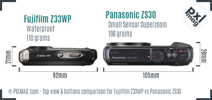 Fujifilm Z33WP vs Panasonic ZS30 top view buttons comparison