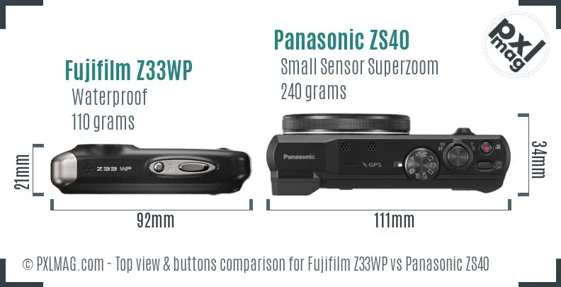 Fujifilm Z33WP vs Panasonic ZS40 top view buttons comparison