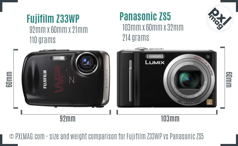 Fujifilm Z33WP vs Panasonic ZS5 size comparison