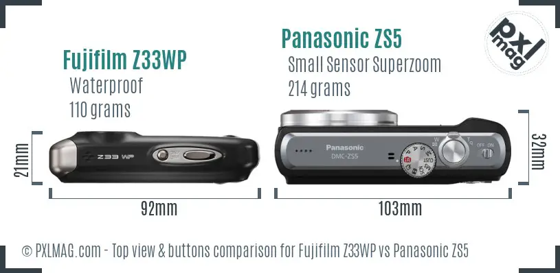 Fujifilm Z33WP vs Panasonic ZS5 top view buttons comparison