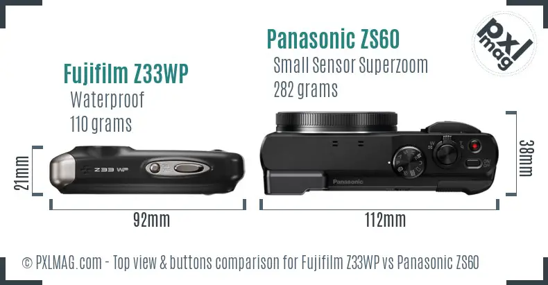 Fujifilm Z33WP vs Panasonic ZS60 top view buttons comparison