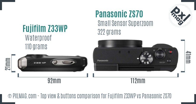 Fujifilm Z33WP vs Panasonic ZS70 top view buttons comparison