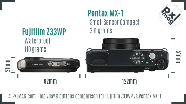Fujifilm Z33WP vs Pentax MX-1 top view buttons comparison Fujifilm Z33WP vs Pentax MX-1 top view buttons comparison