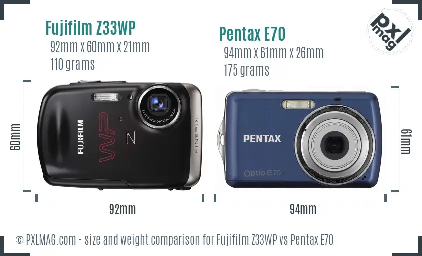 Fujifilm Z33WP vs Pentax E70 size comparison