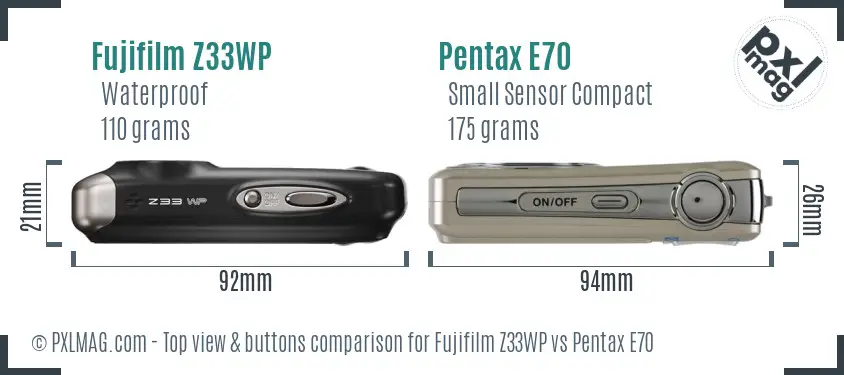 Fujifilm Z33WP vs Pentax E70 top view buttons comparison